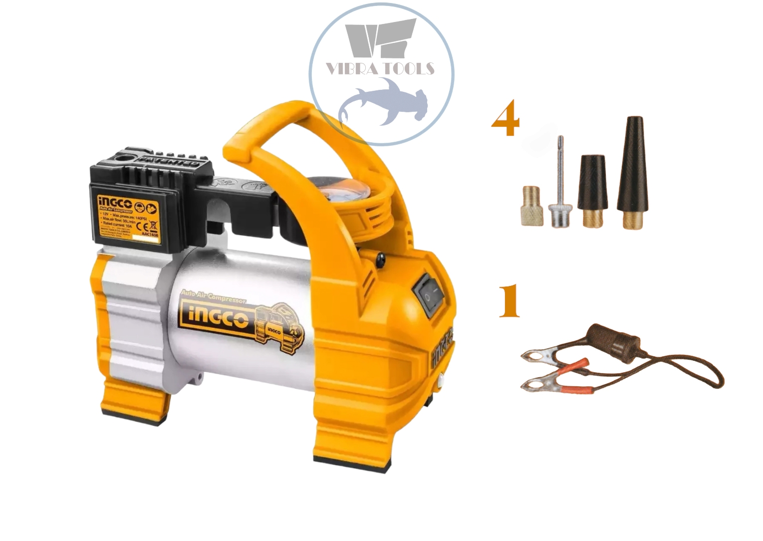 COMPRESOR DE AIRE INGCO PARA AUTO 12V 140 PSI 10 A + 5 ACCES - 1
