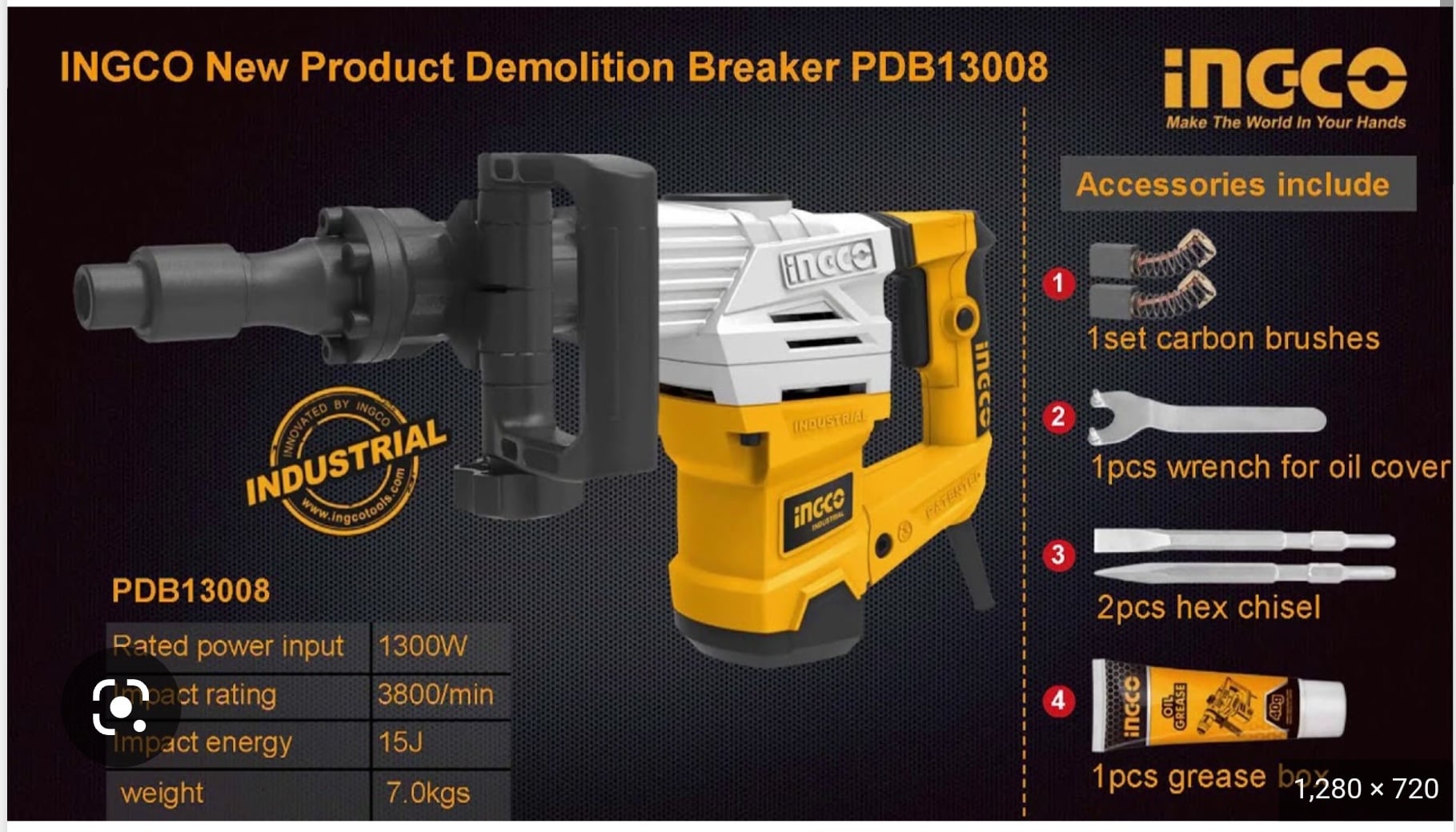 MARTILLO DEMOLEDOR INGCO INDUSTRIAL 1300 W 20 J + MALET+ ACC - 5