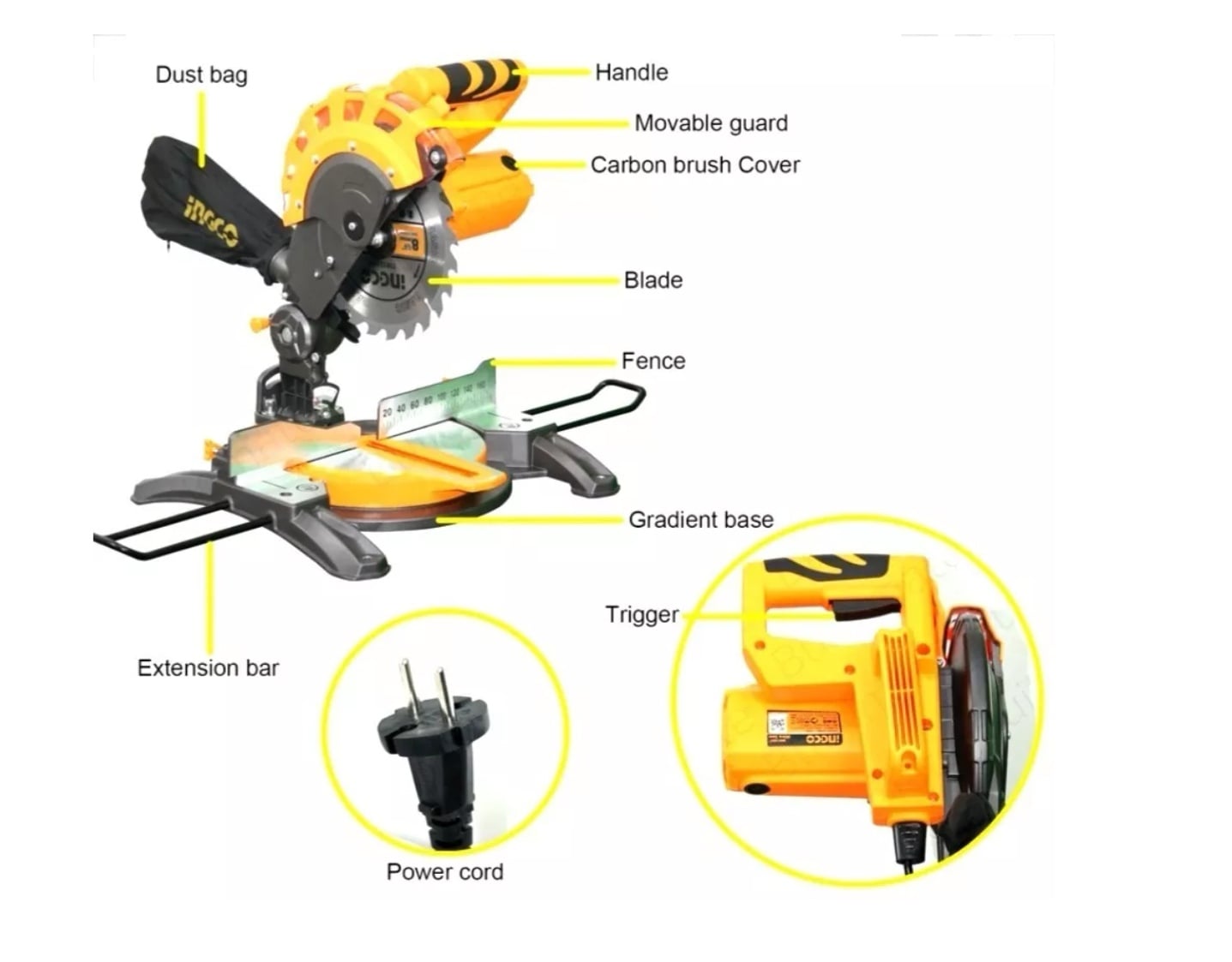 SIERRA INGLETEADORA INGCO 8 1/4 PULG 1400 W 5000 RPM + ACCES - 3