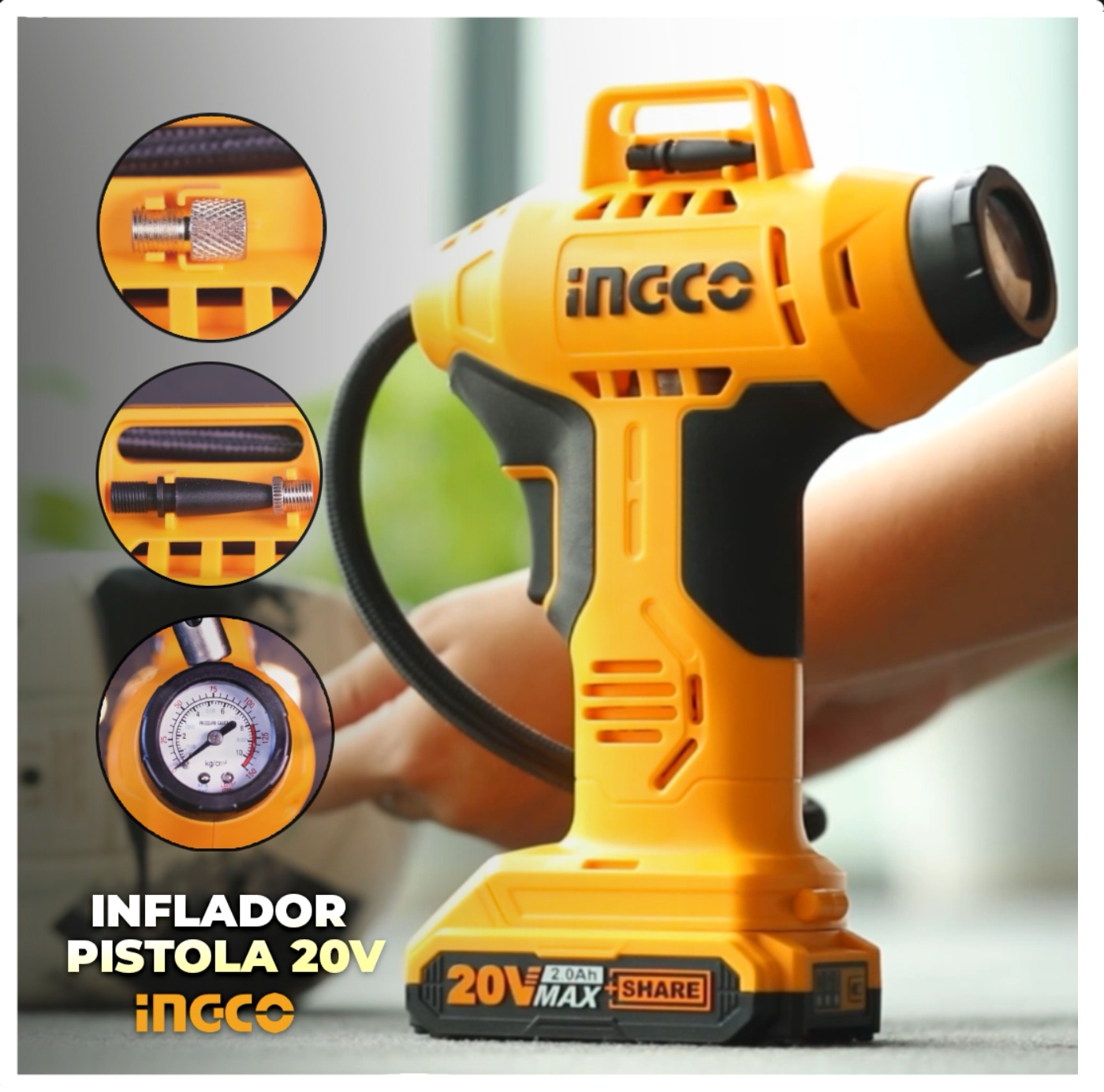 INFLADOR DE NEUMÁTICOS INALAMBRICO INGCO 20V 150 PSI - 2