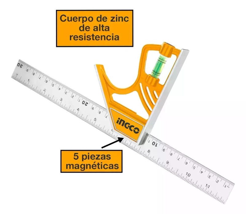 SET HERRAMIENTAS INGCO ESCUADRA MAGNETICA COMBINACION 300 MM + BOLSA PROTEC - 2