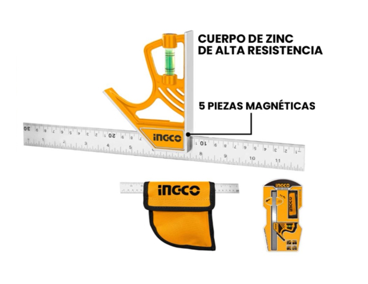 SET HERRAMIENTAS INGCO ESCUADRA MAGNETICA COMBINACION 300 MM + BOLSA PROTEC - 2