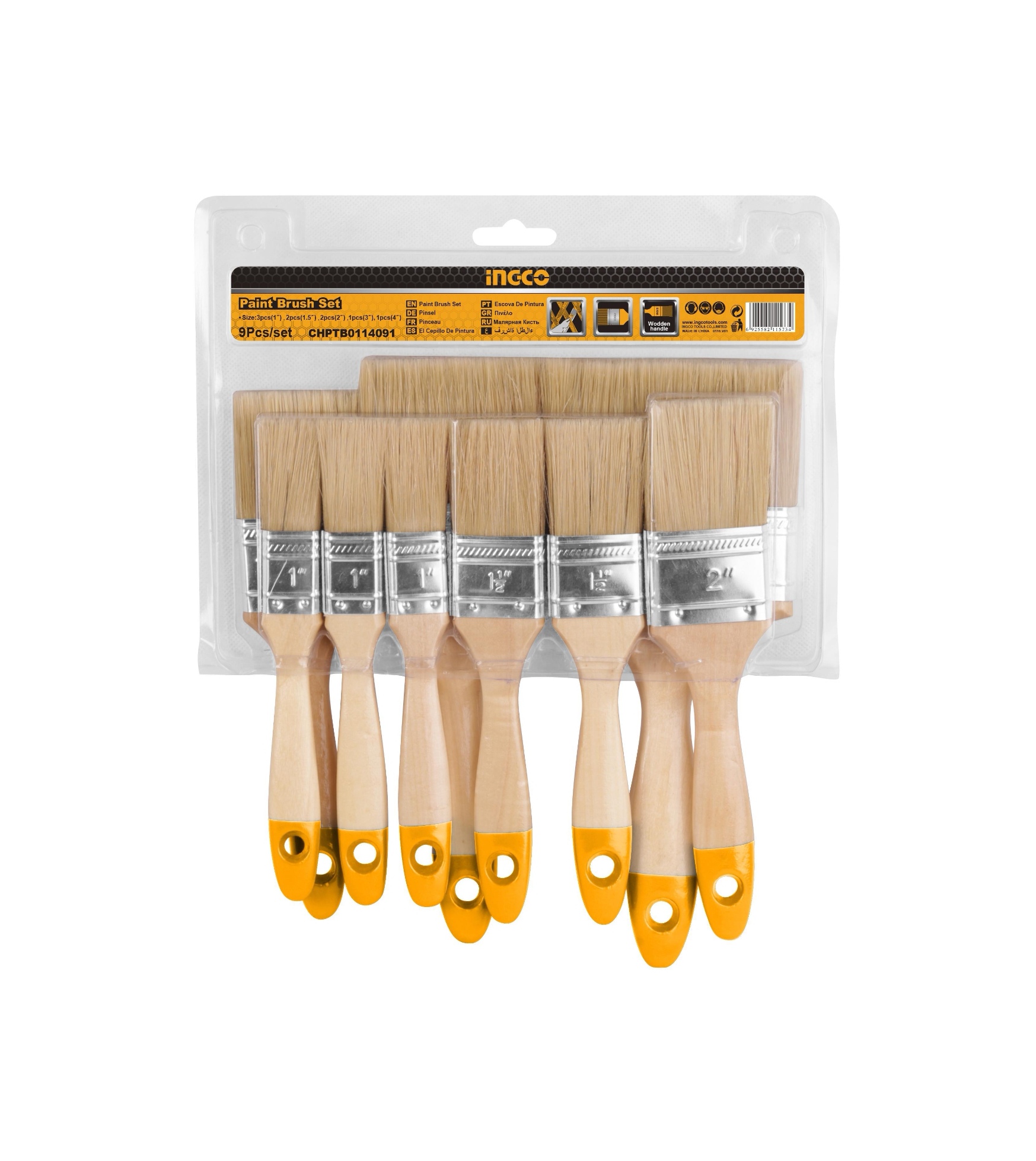 SET HERRAMIENTAS INGCO BROCHAS 9 PIEZAS SINTETICAS MADERA 1-4 PULGADAS - 1