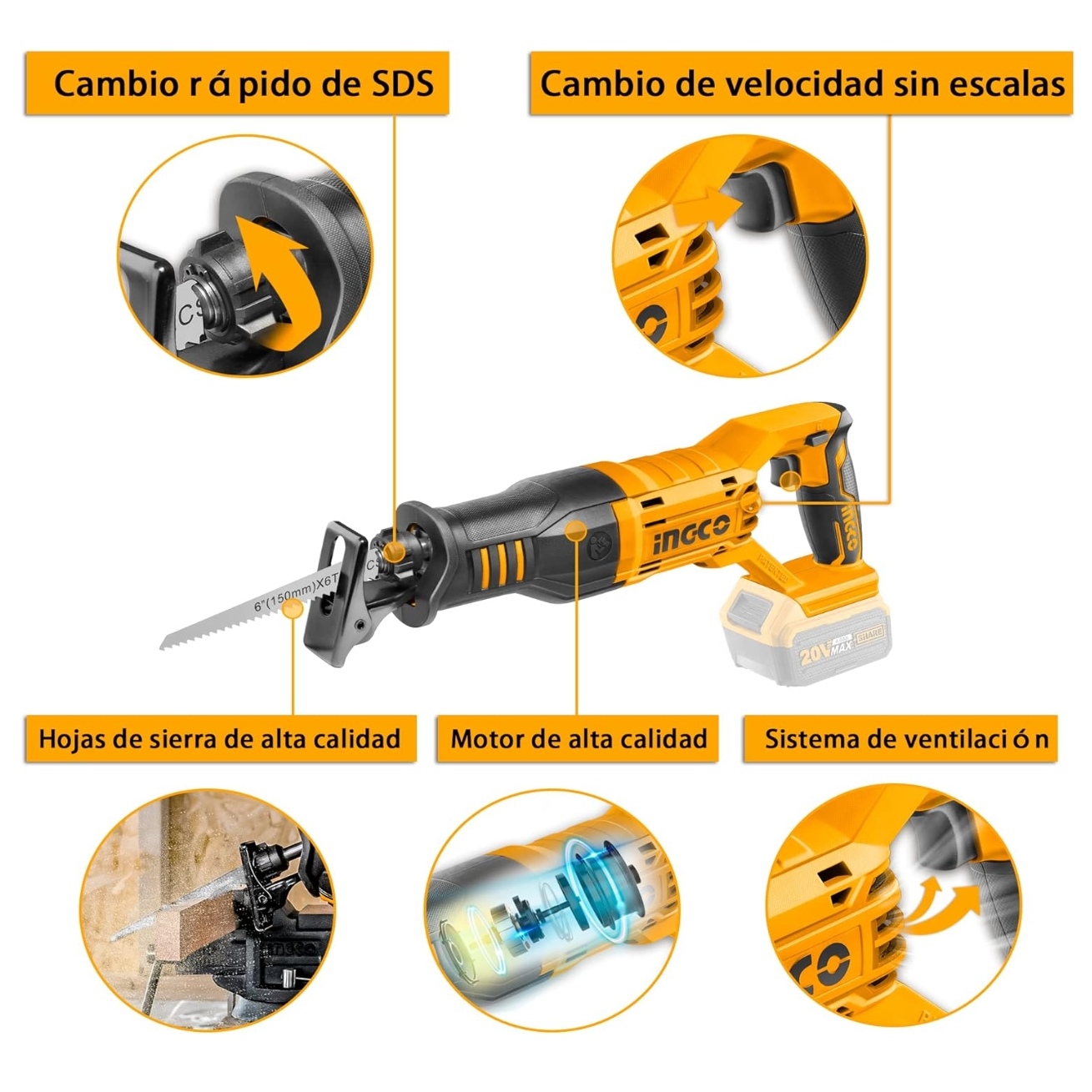 SIERRA INGCO SABLE INALÁMBRICA 20 V + CRSLI1151 ACERO - 3
