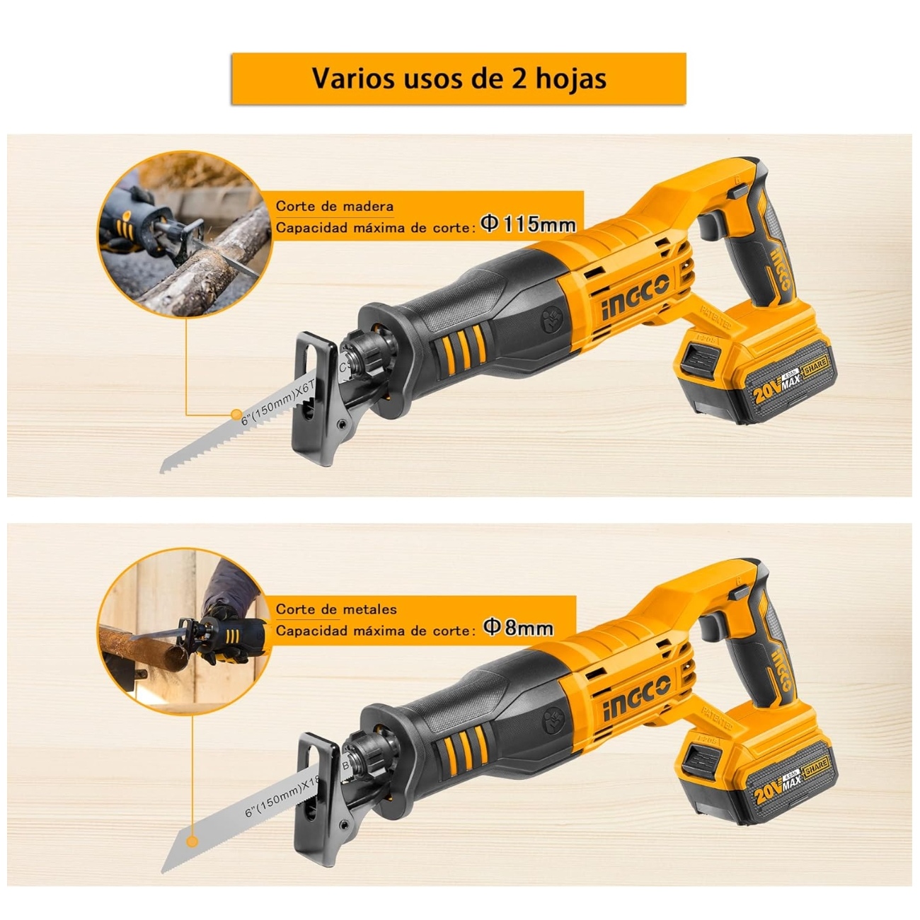 SIERRA INGCO SABLE INALÁMBRICA 20 V + CRSLI1151 ACERO - 4