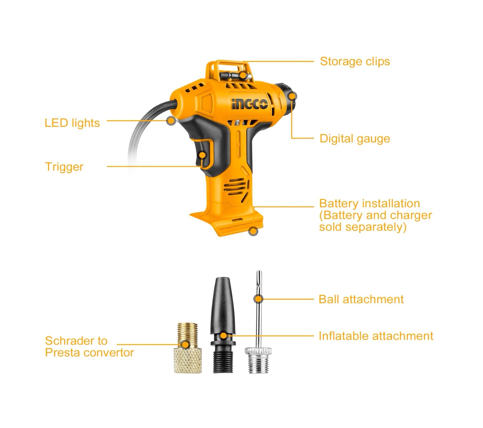 COMPRESOR INFLADOR INGCO INALÁMBRICO 20V 150 PSI CACLI2018 - 3