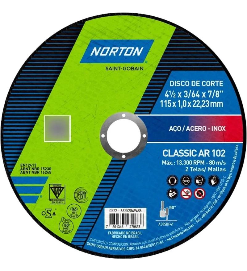 DISCO DE CORTO FINO NORTON 4-1/2 CLASSIC AR 102 ACERO - INOX AZUL OSCURO - 6