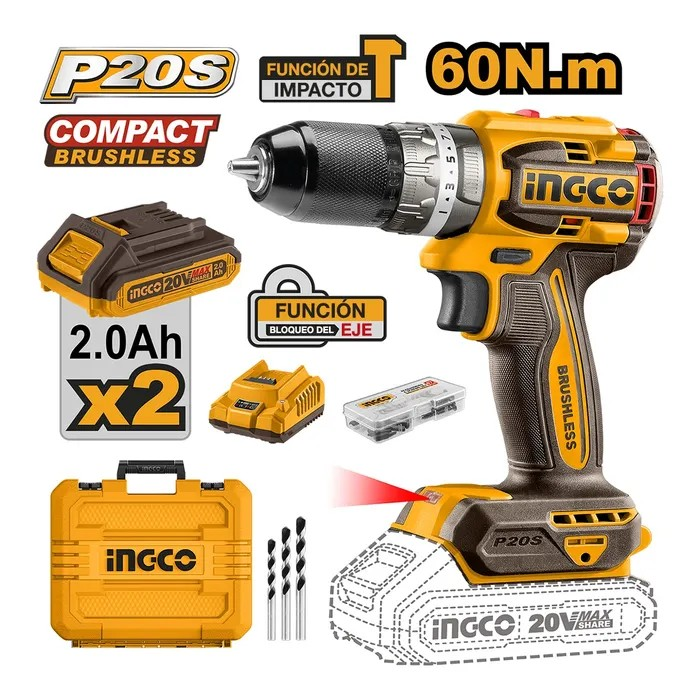 TALADRO PERCUTOR INAL INGCO BRUSHLESS +BAT +CARG CIDLI20602 - 1