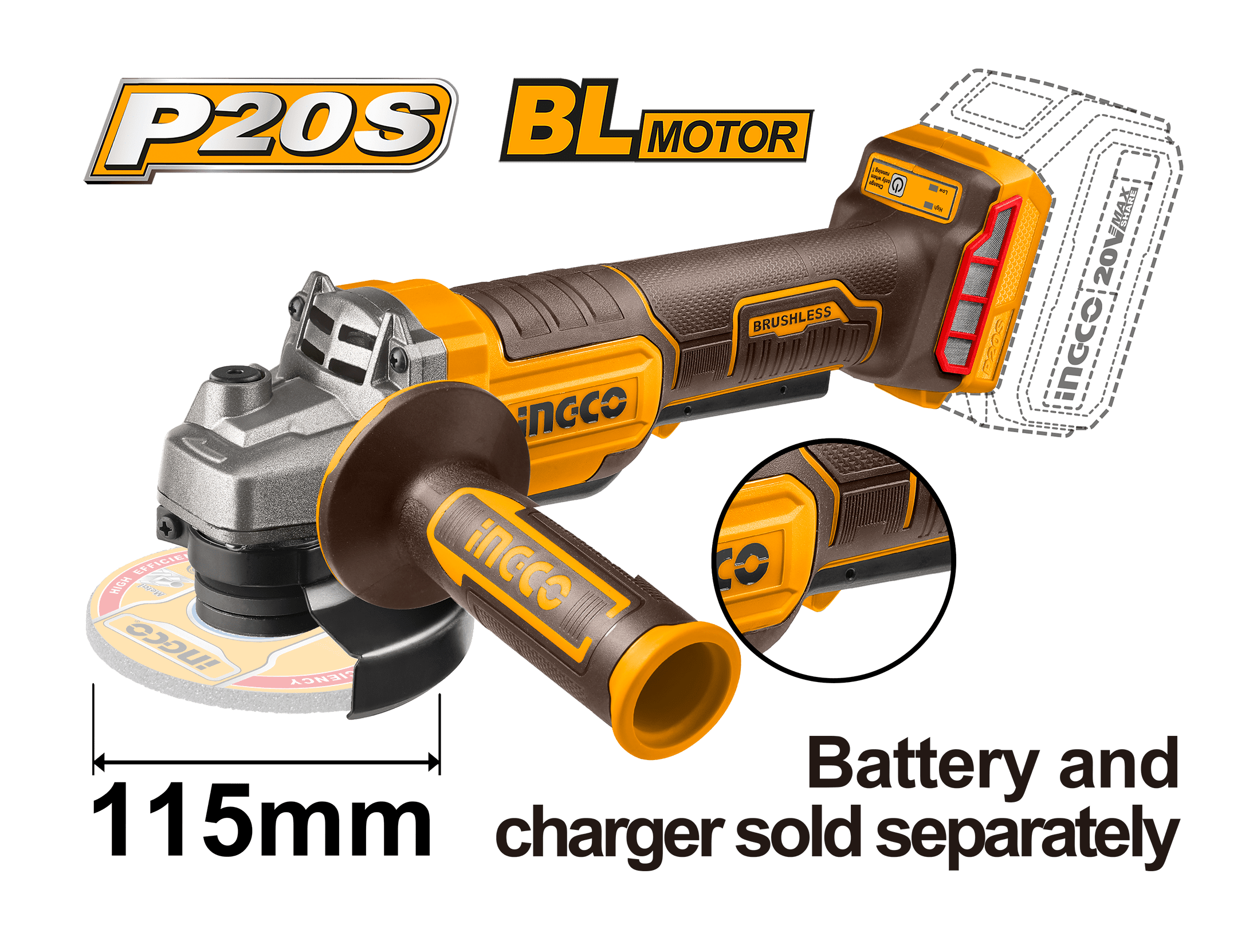 ESMERIL INALÁMBRICO INGCO 4 1/2 20V BRUSHLESS CAGLI211156 - 6