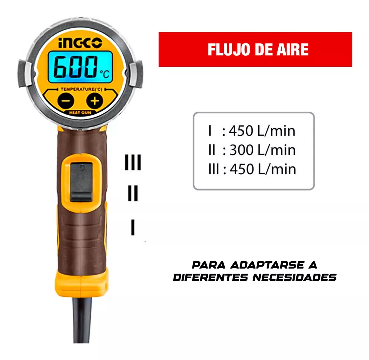 PISTOLA DE CALOR DIGITAL INGCO 2000W 50/600 C +ACC HG2000581 - 7