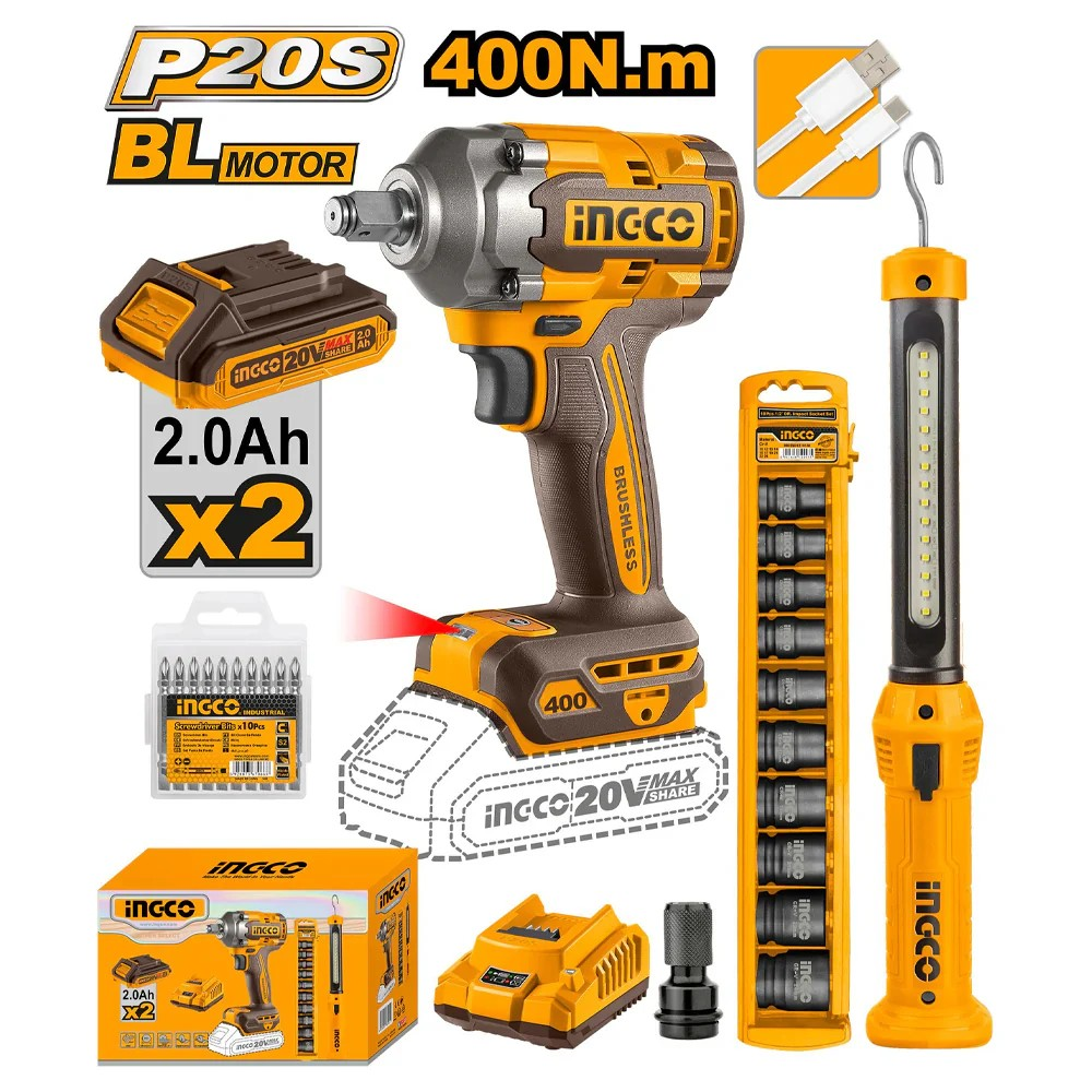 PISTOLA LLAVE IMPACTO INGCO COSLI23048 400 NM + 2 BAT + 10 DADOS + LINTERNA - 1