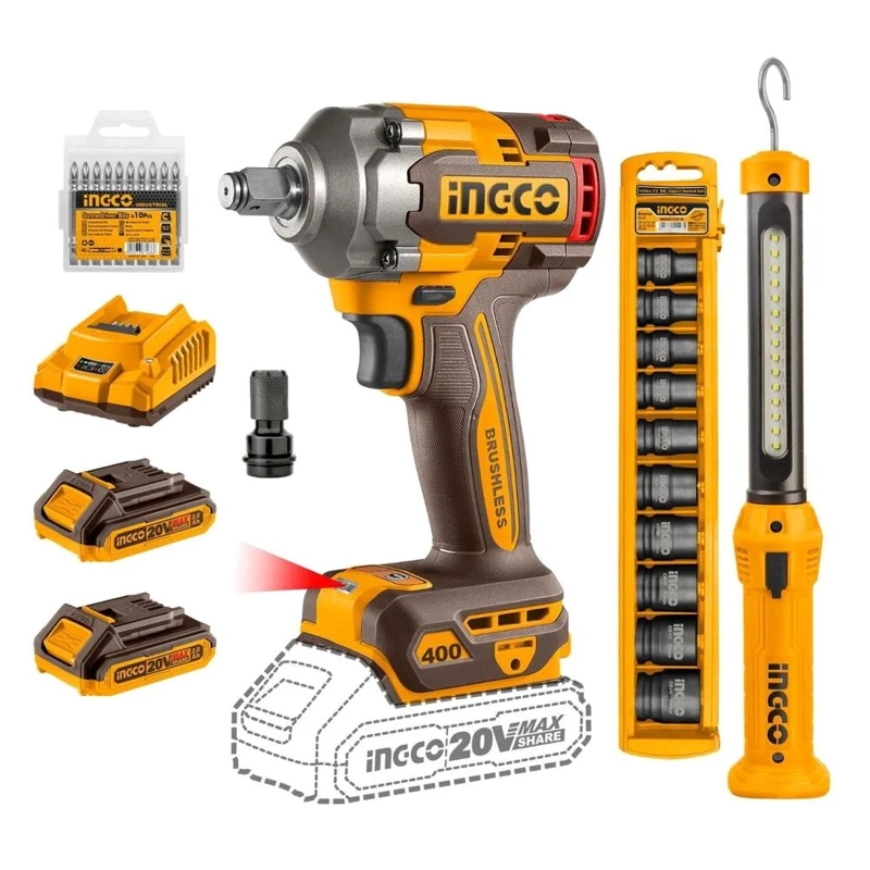 PISTOLA LLAVE IMPACTO INGCO COSLI23048 400 NM + 2 BAT + 10 DADOS + LINTERNA - 2