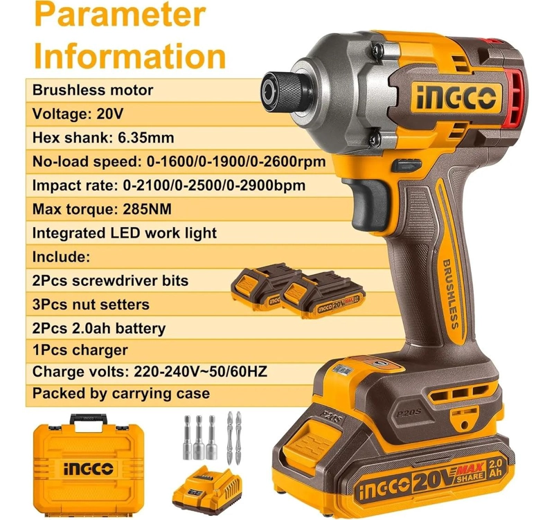 ATORNILLADOR DE IMPACTO INDUSTRIAL BL 285 NM INGCO CIRLI2028 COLOR NARANJA 20V - 3