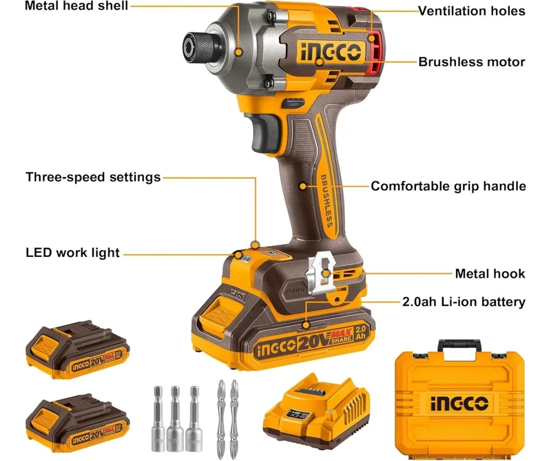 ATORNILLADOR DE IMPACTO INDUSTRIAL BL 285 NM INGCO CIRLI2028 COLOR NARANJA 20V - 4
