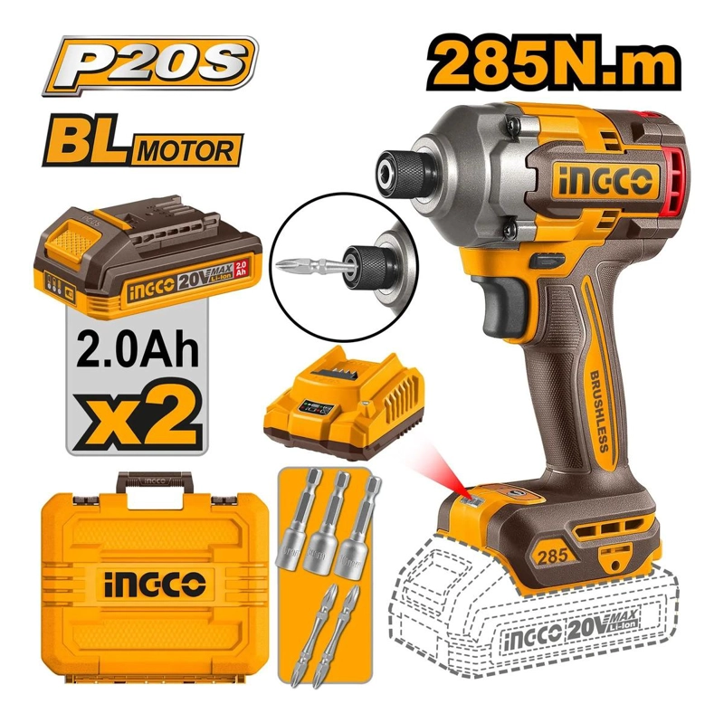 ATORNILLADOR DE IMPACTO INDUSTRIAL BL 285 NM INGCO CIRLI2028 COLOR NARANJA 20V - 8