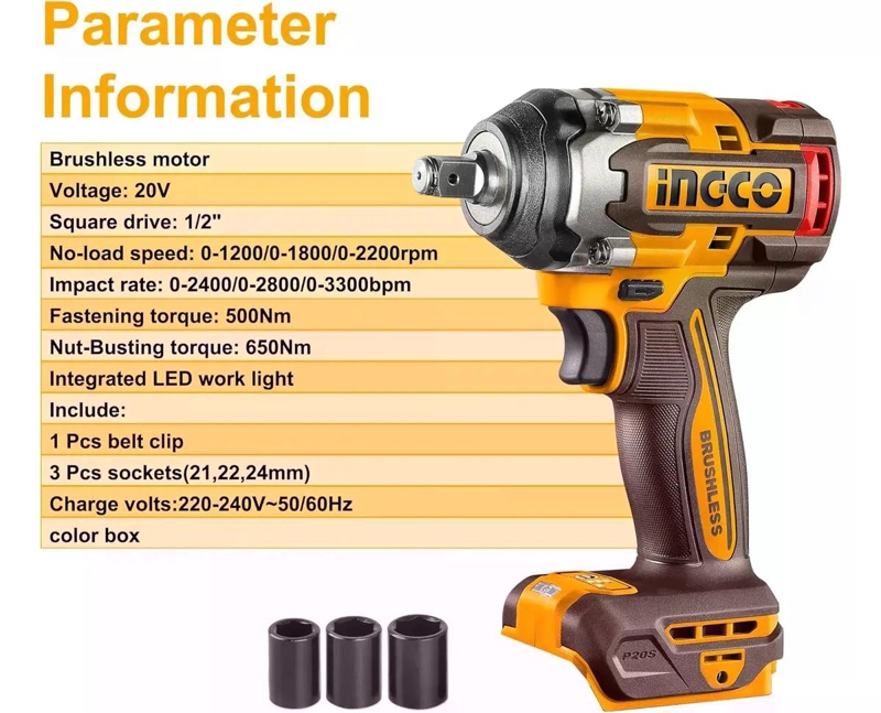 LLAVE PISTOLA IMPACTO INGCO BL 1/2 20V 500NM CIWLI20501 S/BA NARANJA OSCURO 20V - 6