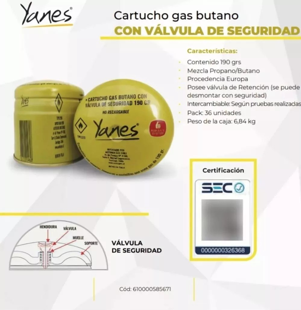 CARTUCHO GAS BUTANO CON VALVULA DE SEGURIDAD 190 GR YANES - 5
