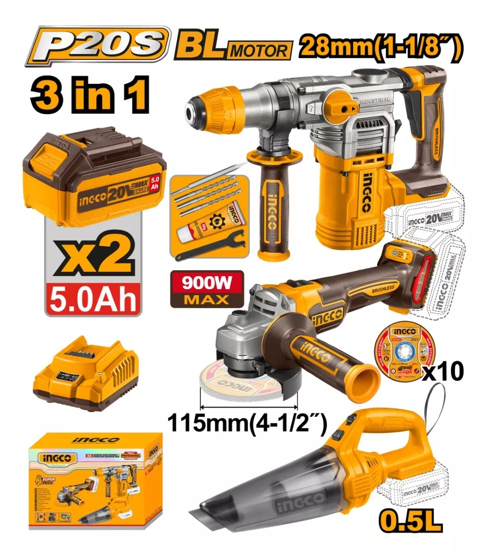 KIT ROTOMARTILLO + ESMERIL + ASPIRADORA INGCO COSLI240785 - 1