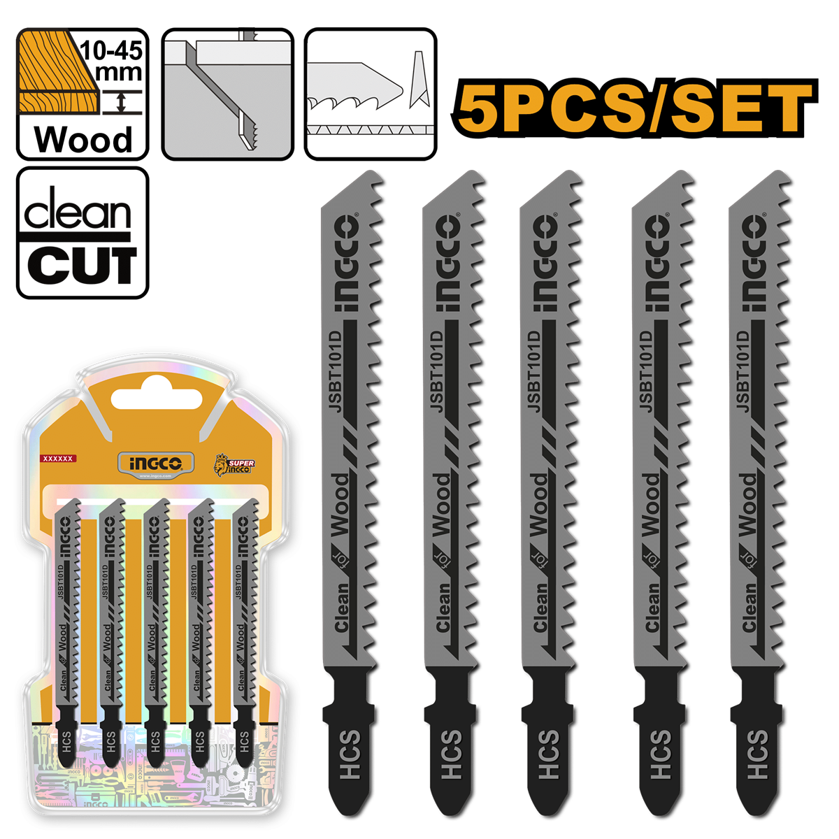 SET 5 HOJAS PARA SIERRA CALADORA MADERA 74 MM HCS 6TPI INGCO - 1