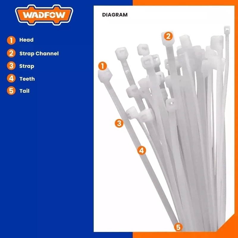 SET DE 100 AMARRAS PLASTICAS WADFOW 7.2X400 MM 45 KG 4-105MM BLANCO - 2