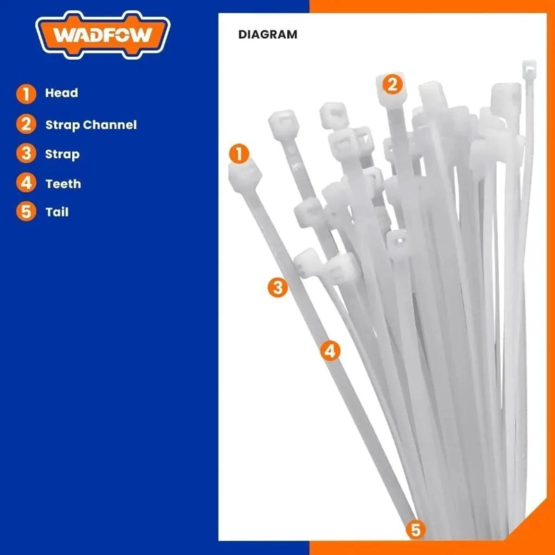 SET DE 100 AMARRAS PLASTICAS WADFOW 4.8X300 MM 22 KG BLANCO NEGRO - 3