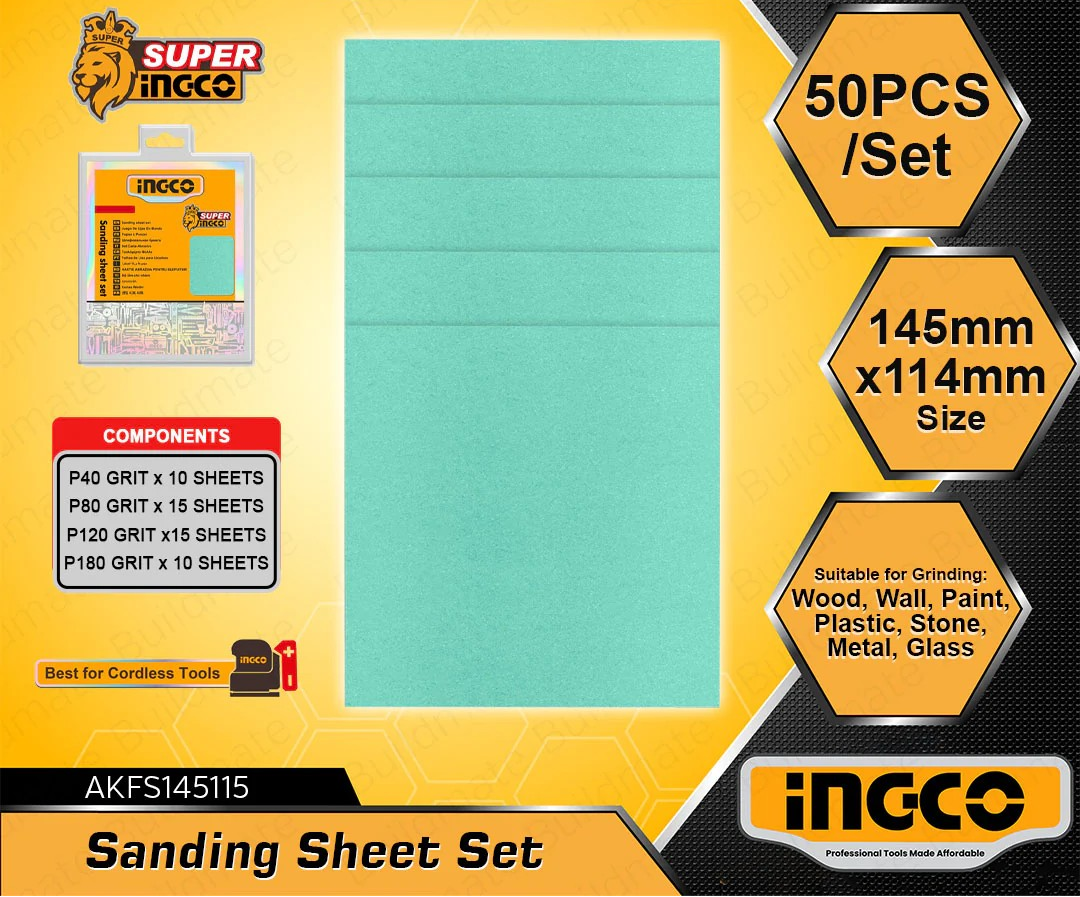 SET 50 LIJAS P40 80 120 180 MULTIMATERIAL 145X114 MM INGCO - 6