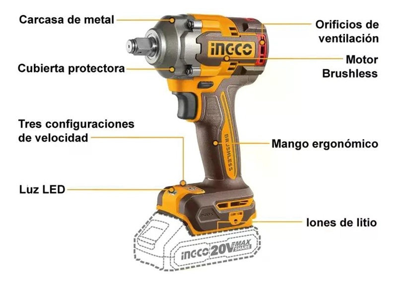 PISTOLA LLAVE DE IMPACTO BL 1/2 20V 400 NM INGCO CIWLI2040 NARANJA OSCURO 20V - 5