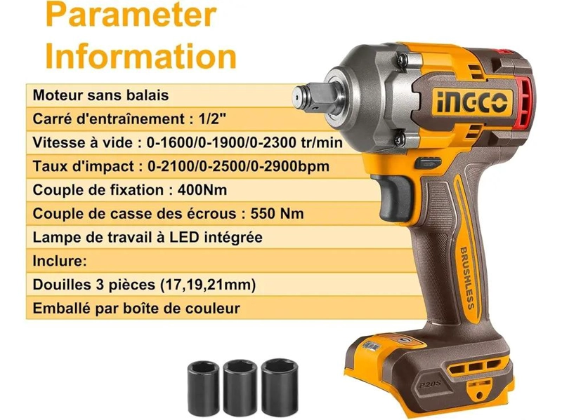 PISTOLA LLAVE DE IMPACTO BL 1/2 20V 400 NM INGCO CIWLI2040 NARANJA OSCURO 20V - 6