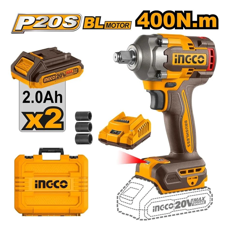 PISTOLA LLAVE DE IMPACTO BL 1/2 20V 400 NM INGCO CIWLI2040 NARANJA OSCURO 20V - 8