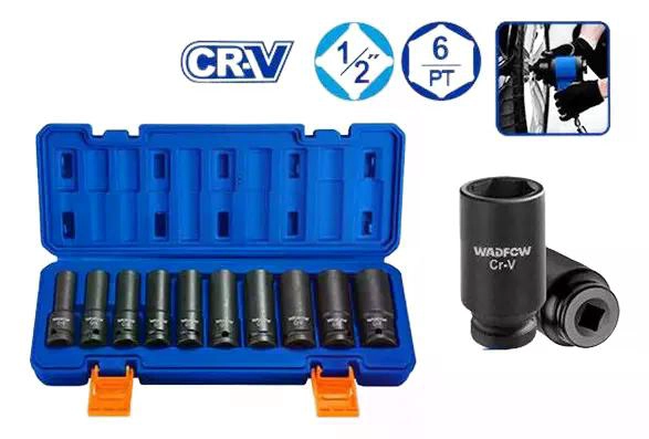 SET DADOS DE IMPACTO LARGOS 10 PZ 1/2 PULGADA WADFOW WMS2D02 NEGRO - 1