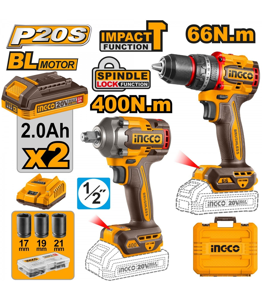 SET TALADRO PERCUTOR + LLAVE DE IMPACTO INGCO +ACC CKLI20275 - 1