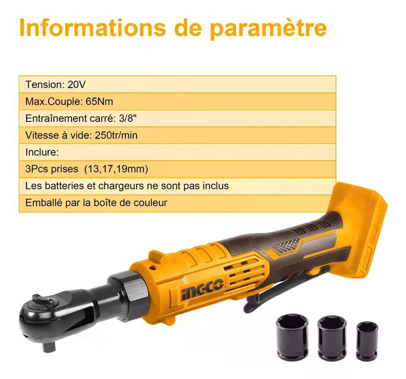 LLAVE CHICHARRA INALAMBRICA INGCO 20V 3/8 65 NM CDRLI2060151 MARRON OSCURO - 4