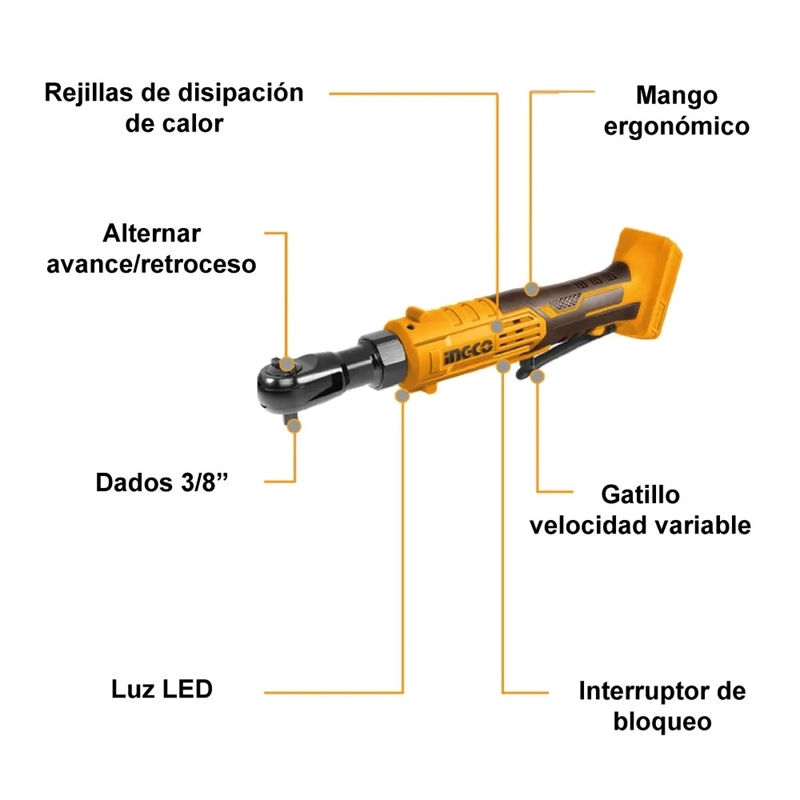 LLAVE CRIQUET A BATERIA 20V P20S INGCO CON BATERIA CARGADOR AMARILLO - 2