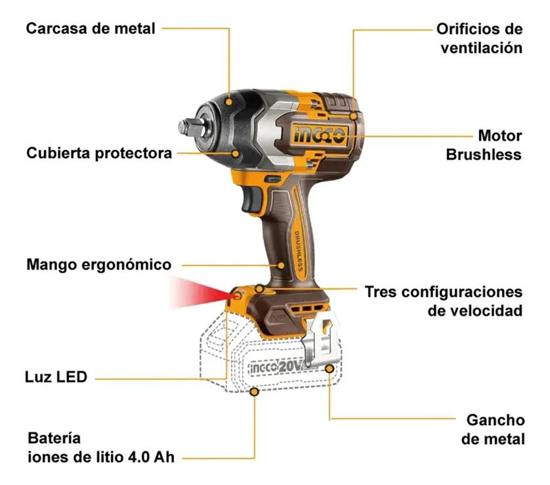 LLAVE PISTOLA IMPACTO INGCO BL 1/2 20V 850NM 2BAT CIWLI2085 - 4