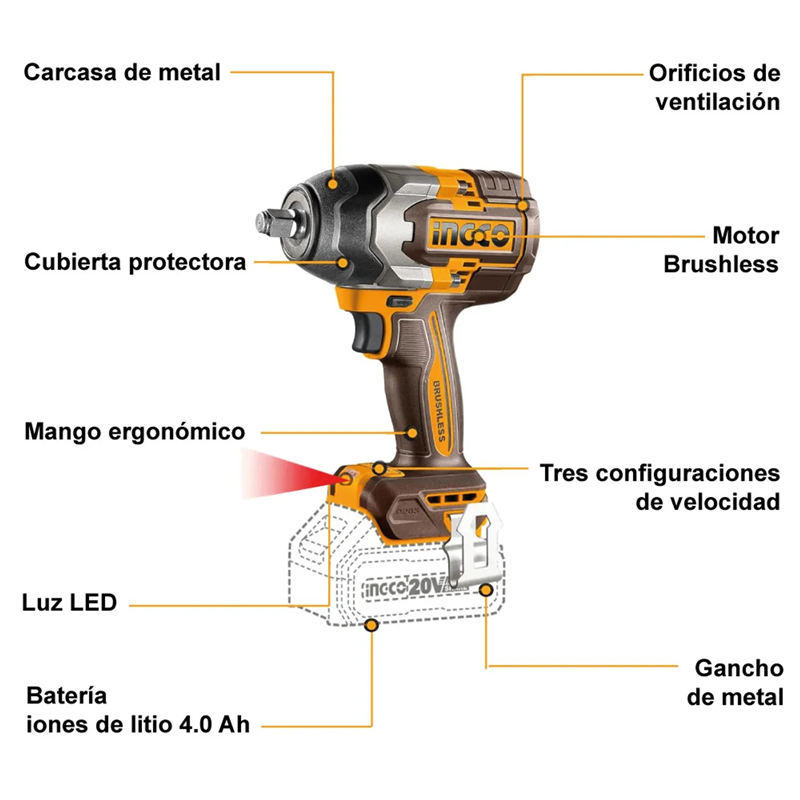 LLAVE PISTOLA IMPACTO INGCO BL 1/2 20V 850NM 2BAT CIWLI2085 - 6