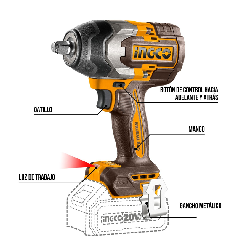LLAVE PISTOLA IMPACTO INGCO BL 1/2 20V 850NM 2BAT CIWLI2085 - 8