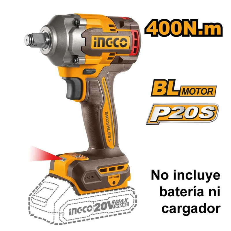 PISTOLA LLAVE DE IMPACTO BL 20V 400 NM 1/2 INGCO CIWLI20401 - 6