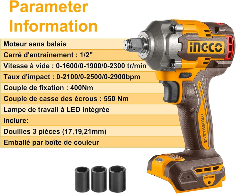 PISTOLA LLAVE DE IMPACTO BL 20V 400 NM 1/2 INGCO CIWLI20401 - 7