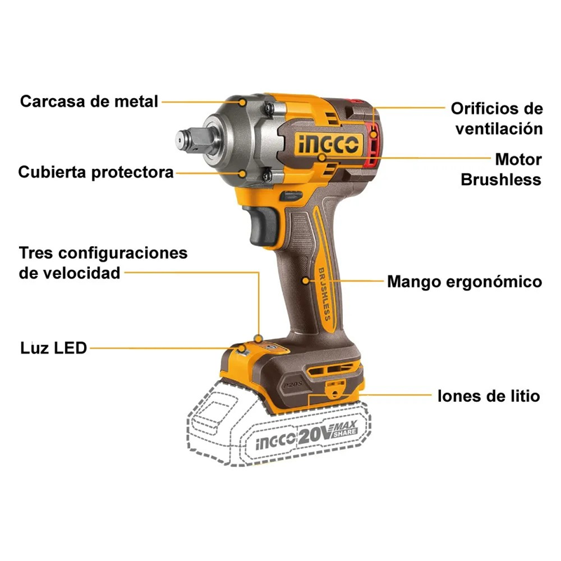 PISTOLA LLAVE DE IMPACTO BL 20V 400 NM 1/2 INGCO CIWLI20401 - 8