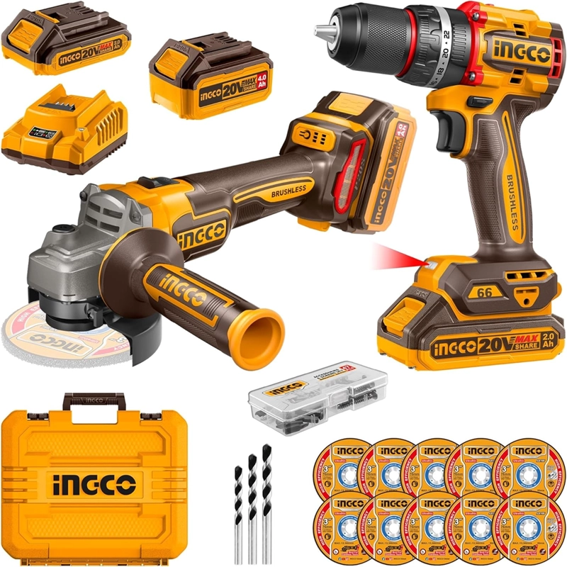SET KIT TALADRO Y ESMERIL BL INALAMB 20V INGCO + 2 BAT + ACC CKLI20273 - 1