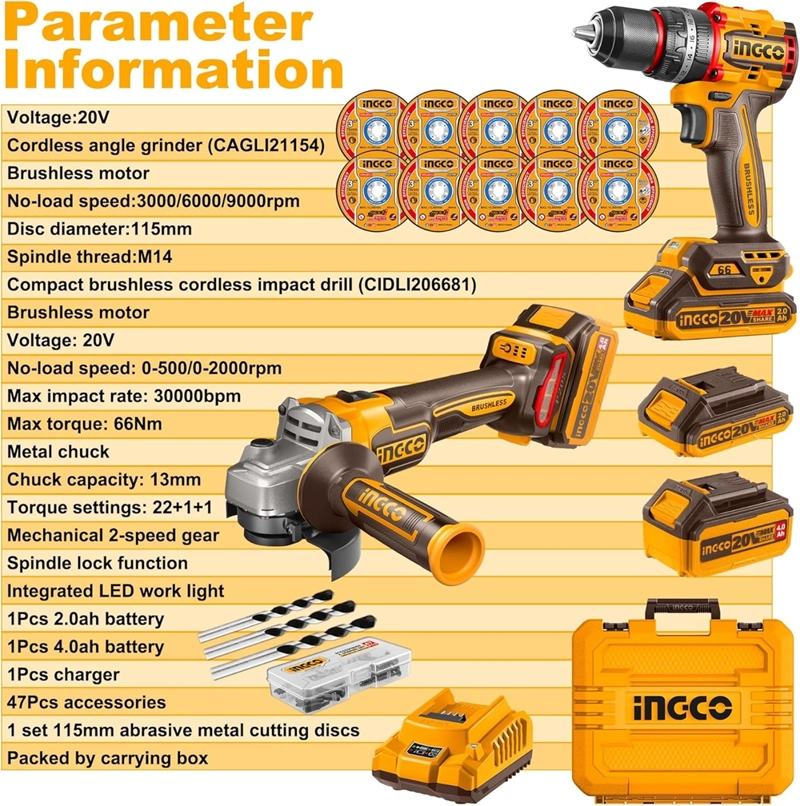SET KIT TALADRO Y ESMERIL BL INALAMB 20V INGCO + 2 BAT + ACC CKLI20273 - 6