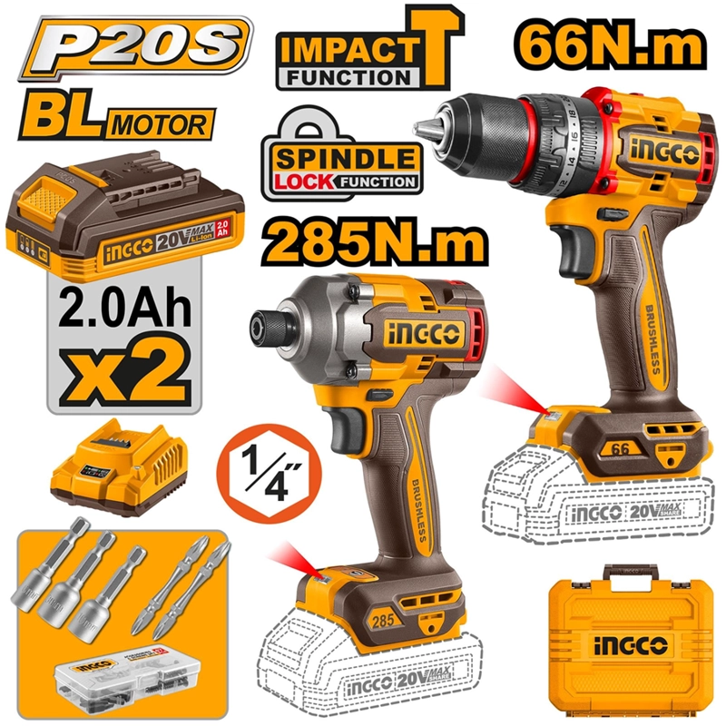 SET TALADRO PERCUTOR + ATORNILLADOR IMP INGCO +ACC CKLI20277 - 1