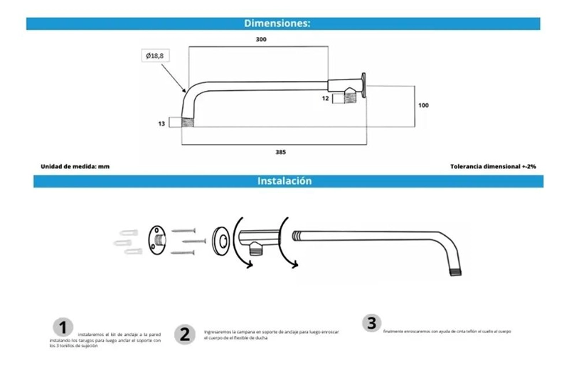 BRAZO METALICO PARA PLATO DUCHA CONECTADO A FLEXIBLE TAUMM - 4