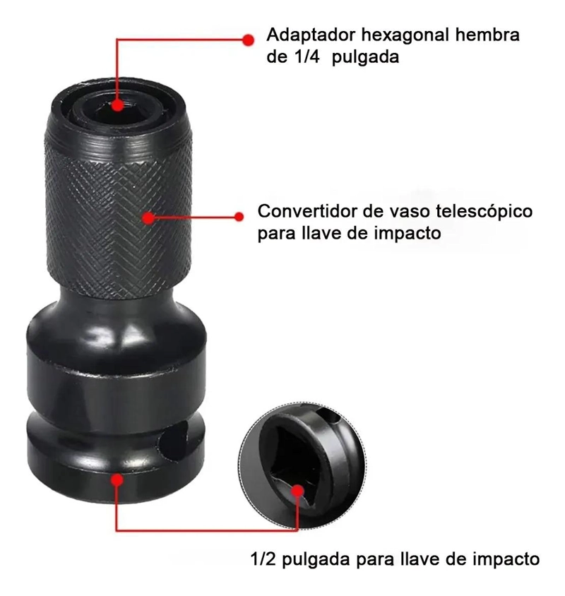 ADAPTADOR DE IMPACTO DE 1/2 PULGADA A PUNTA HEXAGONAL 1/4 NEGRO - 2