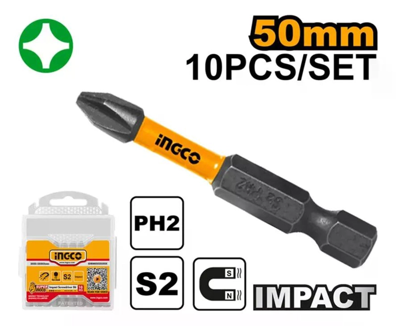 SET 10 PUNTAS IMPACTO DESTORNILLADOR PH2 50MM IMANTADA INGCO - 2