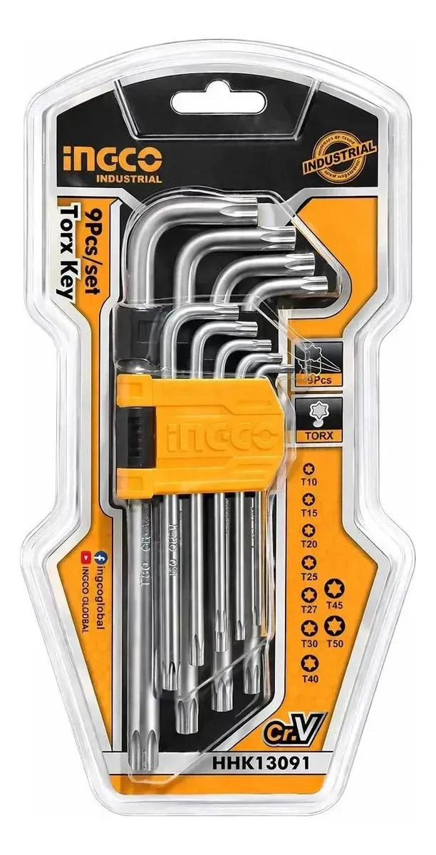 SET 9 PIEZAS LLAVES TORX LLAVES DE APRIETE T10 - T50 INGCO PLATEADO - 1