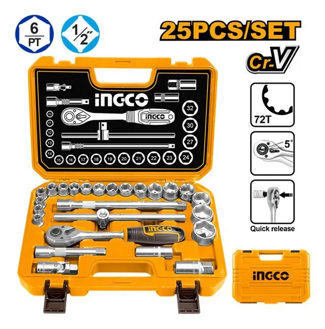 SET DADOS Y MATRACA CHICHARRA 25 PZS 1/2 45T INGCO HKTS12251 AMARILLO - 2