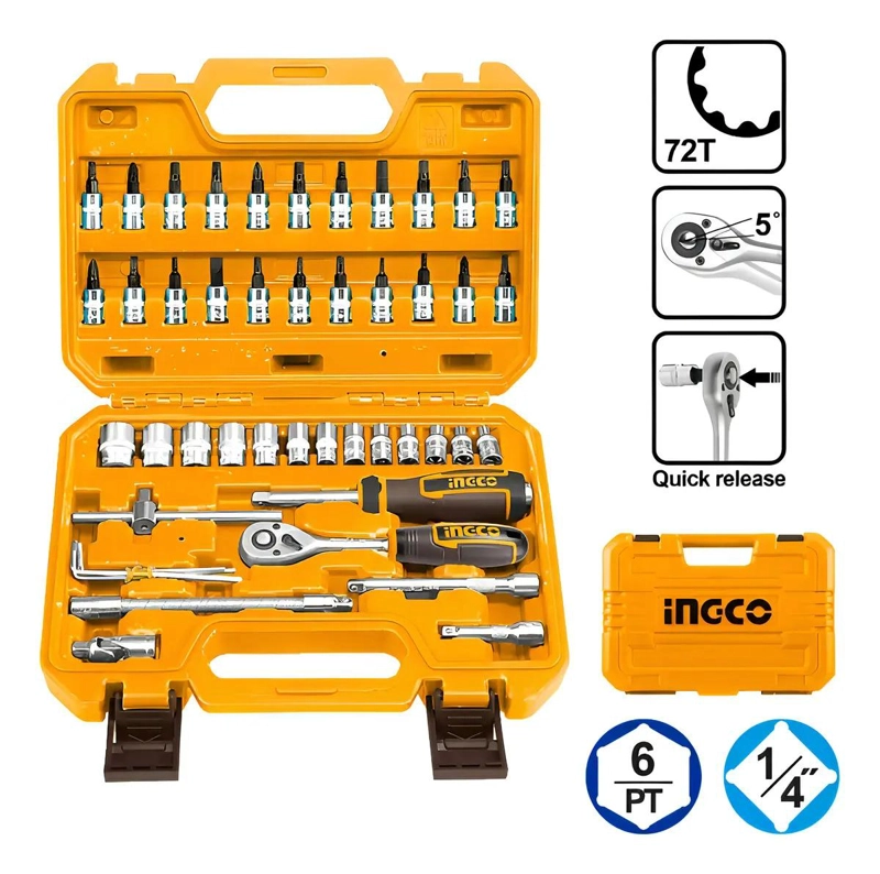 SET DADOS Y MATRACA CHICHARRA 46 PZS 1/4 72T INGCO HKTS14462 NARANJA CLARO - 1