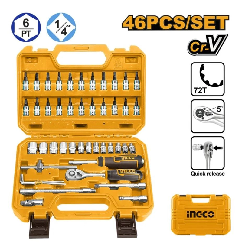 SET DADOS Y MATRACA CHICHARRA 46 PZS 1/4 72T INGCO HKTS14462 NARANJA CLARO - 2