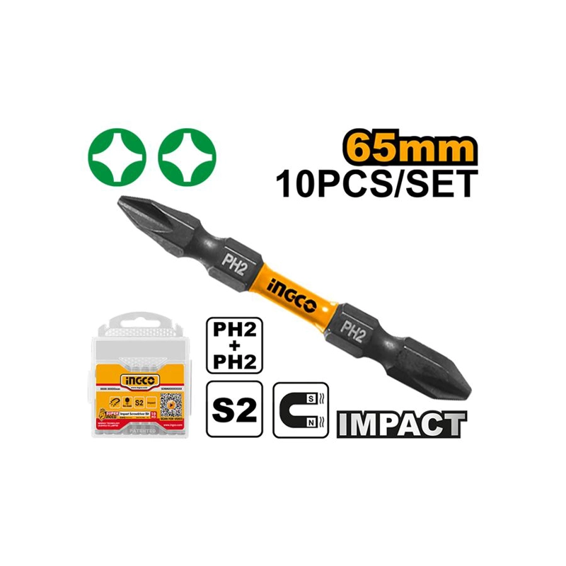 SET DE 10 PUNTAS DOBLE ATORNILLADOR IMPACTO PH2X65MM INGCO - 2